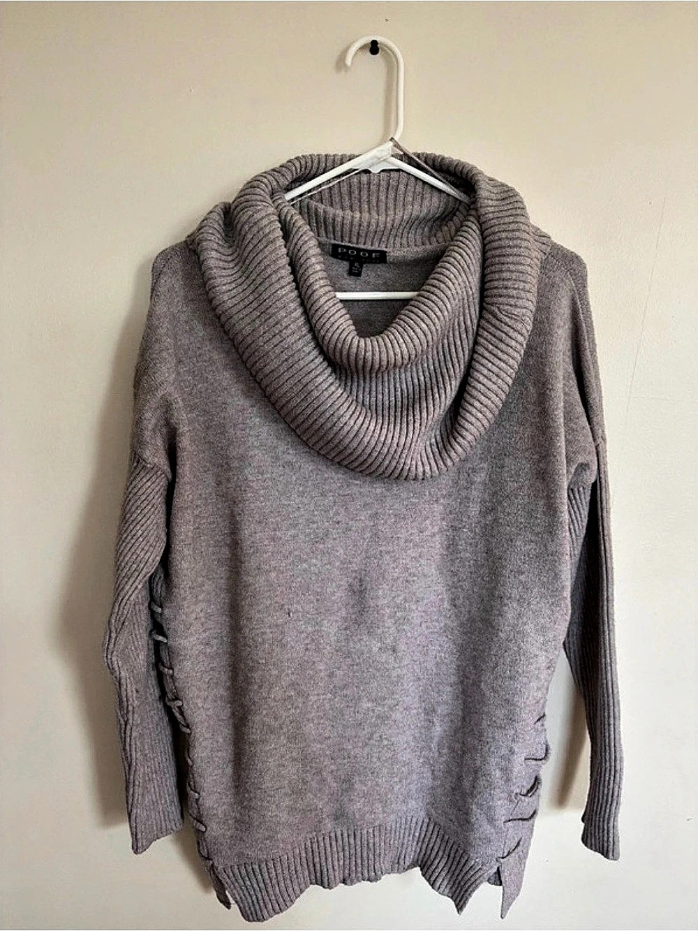 Poof New York Cowl Neck Knit Sweater Gray XL